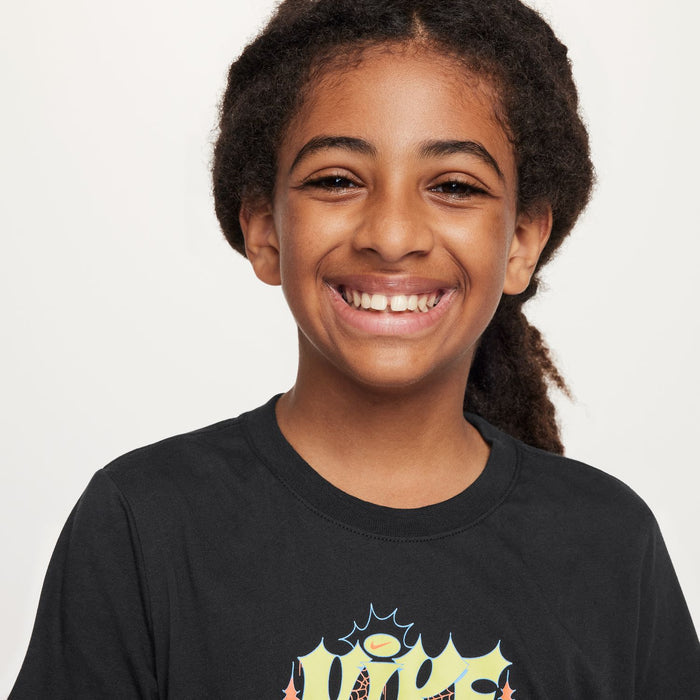 Youth black graphic T-shirt close-up with partial colorful spider artwork