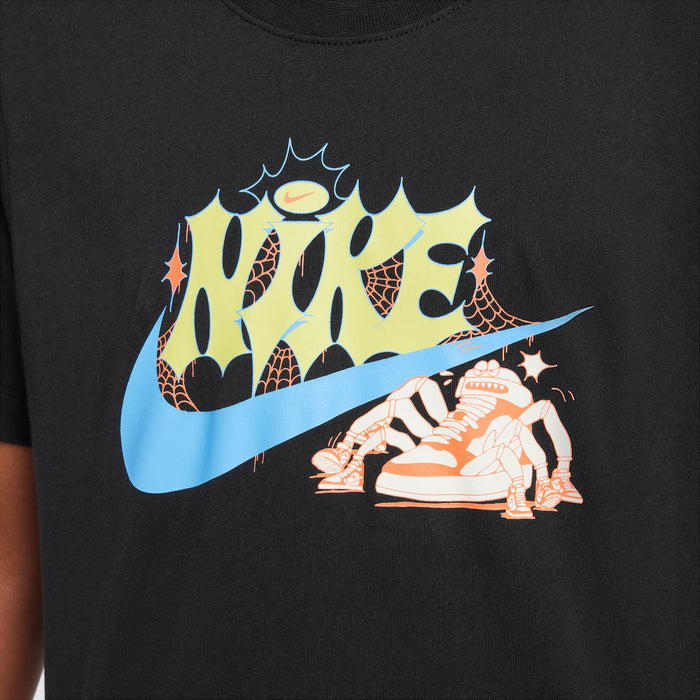 Youth black T-shirt close-up with large colorful spider and blue swoosh graphic