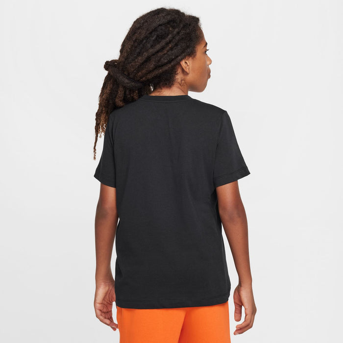 Youth black T-shirt back view, plain with no visible graphic