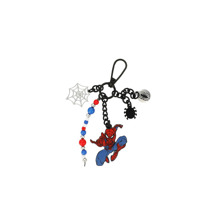 Spider-themed bag charm with red-and-blue hero figure, web charm, and beaded chain