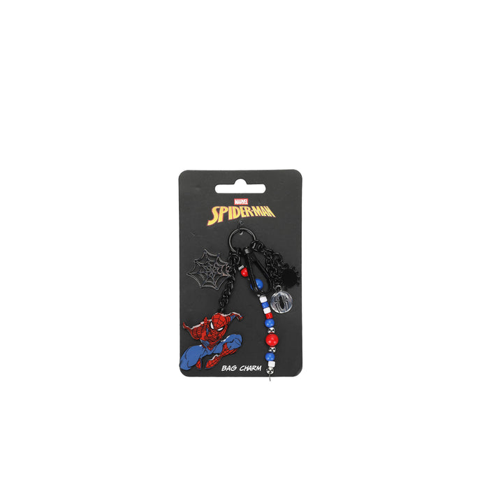 Spider-themed bag charm on hanging card with blue-red beaded chain and web charm
