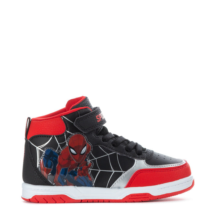 Kids high-top sneakers in black, red, and white with Spider web graphic