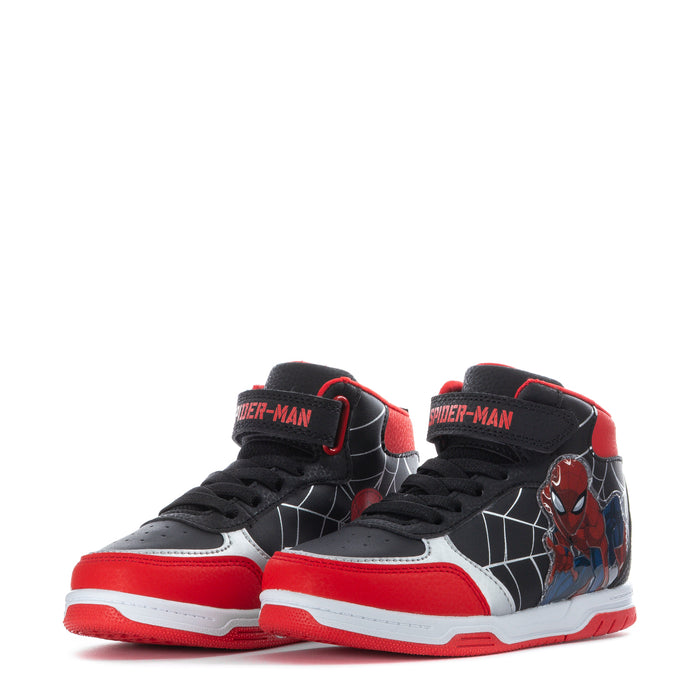 Pair of kids high-top sneakers, black uppers with Spider-Man on sides