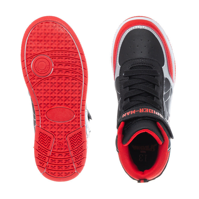 Kids high-top sneaker outsole in red; interior view shows black lining