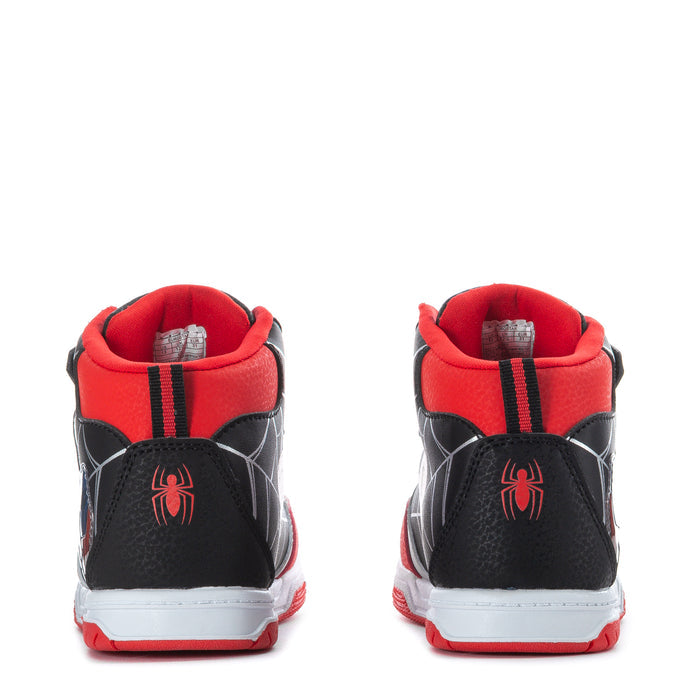 Kids high-top sneakers back view with red heel collar and spider web logo