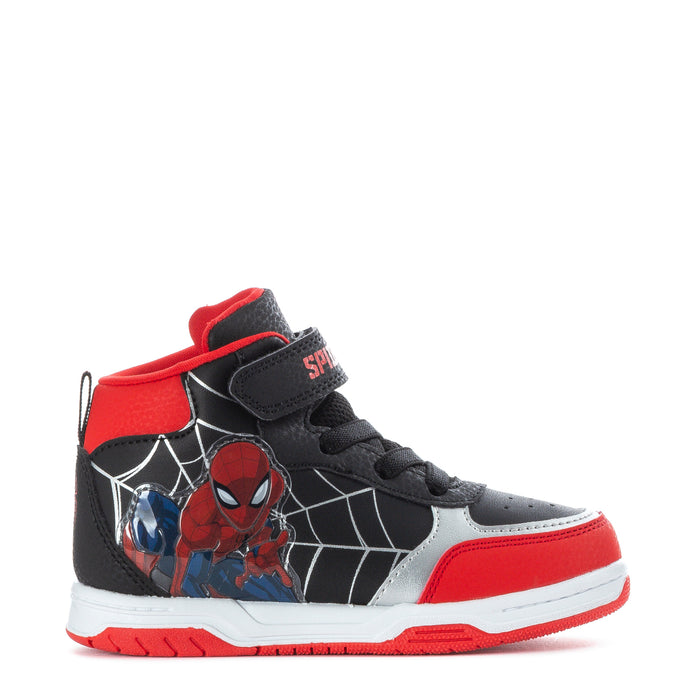 Toddler black high-top sneakers, Spider-Man web graphic, red/white accents, hook-and-loop strap