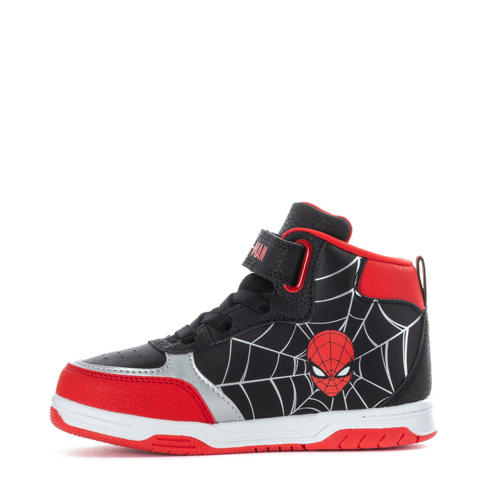 Toddler high-top sneakers with Spider-Man web print, black/red/white, hook-and-loop strap