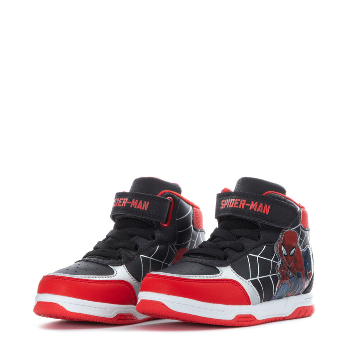 Toddler black high-top sneakers with Spider-Man graphics, red accents, web pattern
