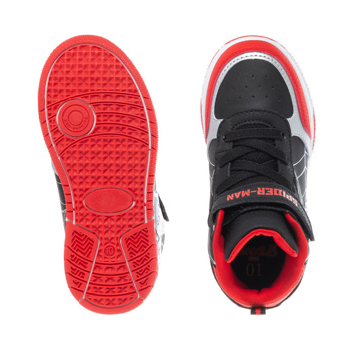 Toddler sneaker soles: red traction bottom and black upper with red lining and laces