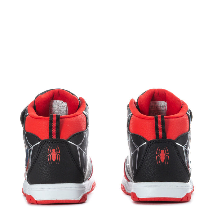 Toddler black high-top sneakers with Spider-Man web pattern and rear pull tab, red trim