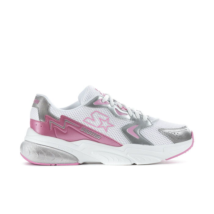 White, pink and silver women's lace-up sneaker with star logo and chunky sole