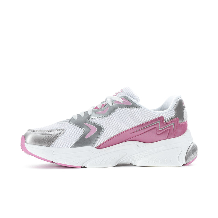 White and pink women's sneaker side view with zigzag accents, lace-up, chunky sole