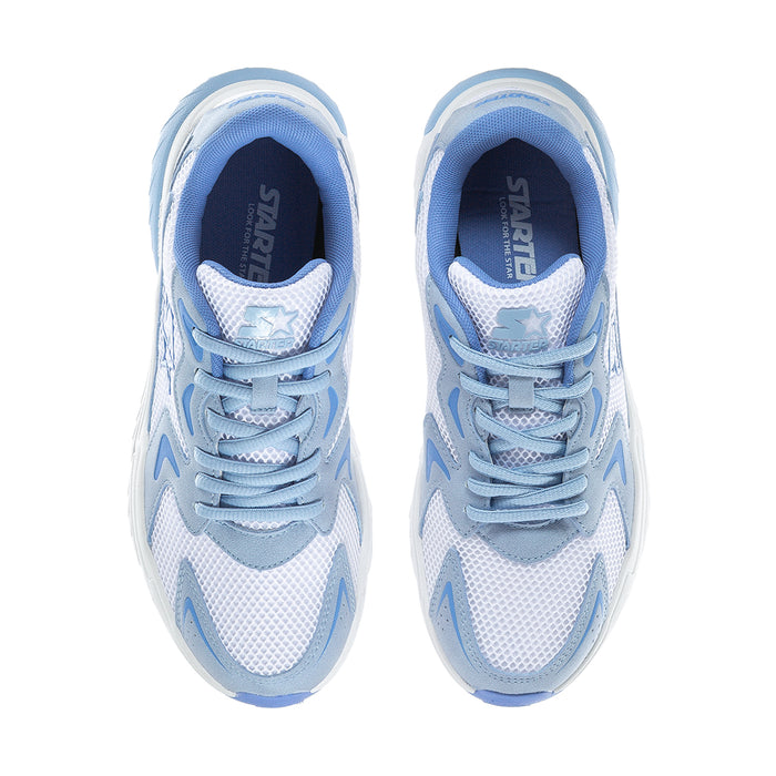 Women's light blue sneakers, front view with lace-up and cushioned interior lining