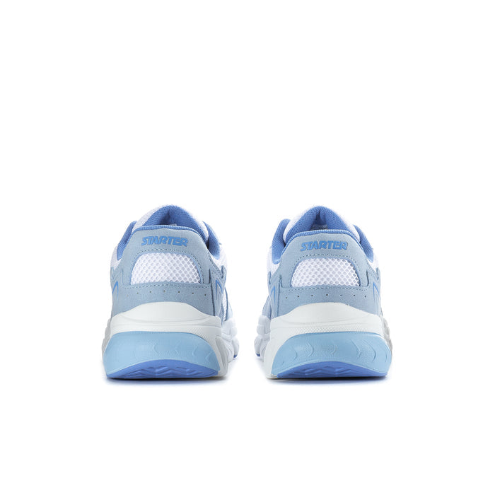 Women's light blue sneakers, heel view showing padded collar and blue outsole