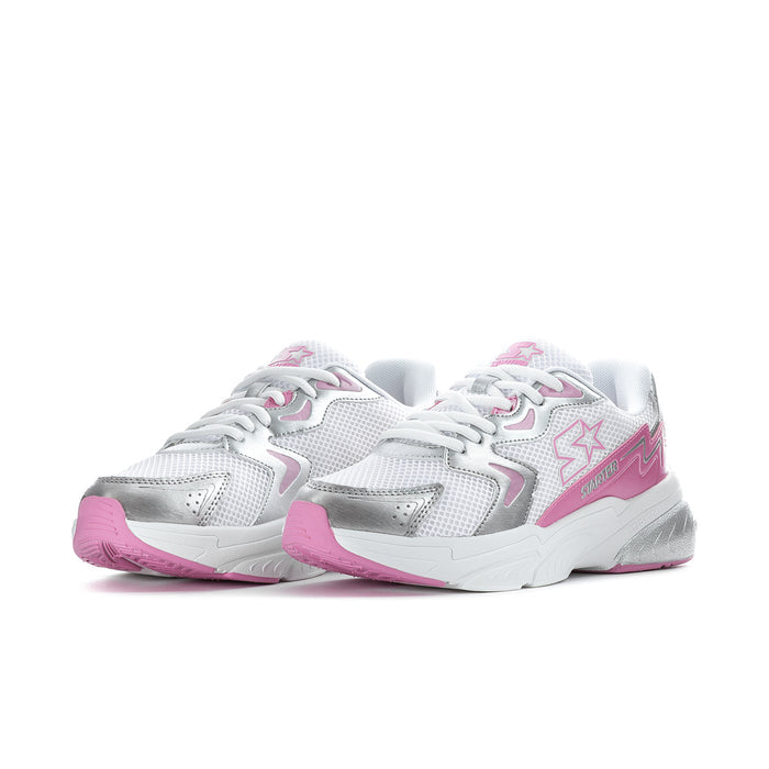 White women's lace-up sneaker with pink star graphics on side panels