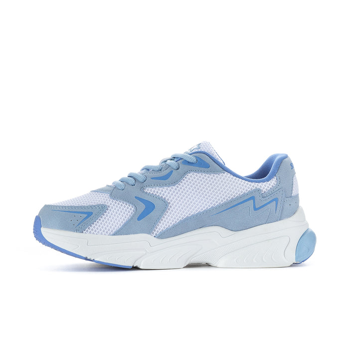 Women's light blue low-top sneakers with blue laces, star logo, and white midsole