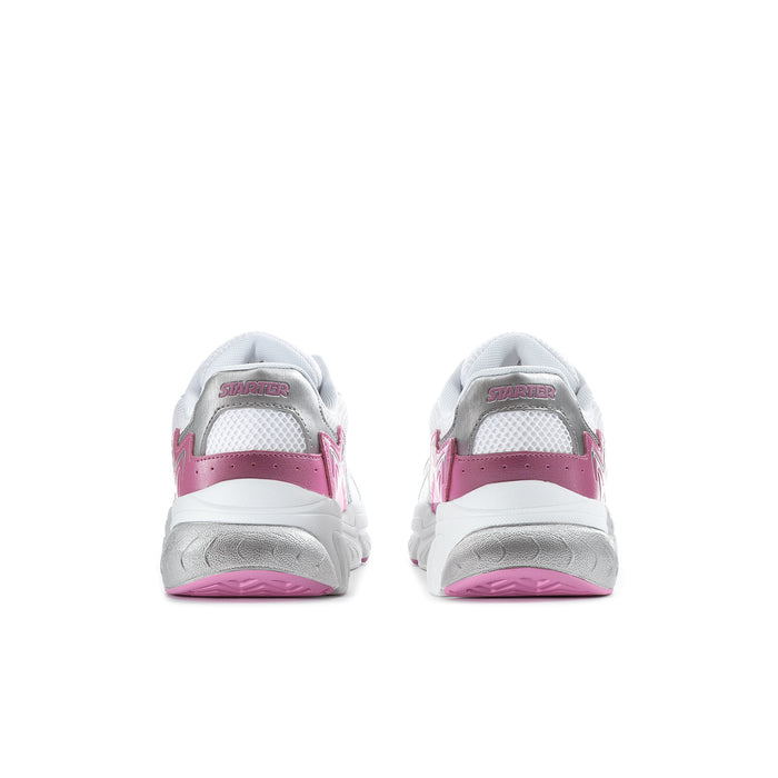 White and pink women's sneakers rear view with padded collar and lace-up closure