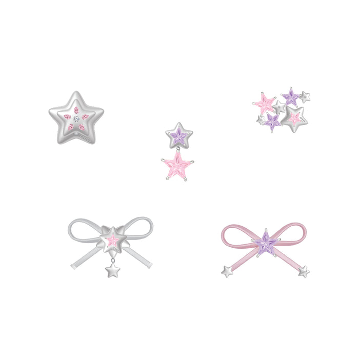 Five Jibbitz charms: silver stars and pink stars with ribbon bow pieces