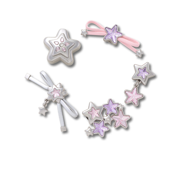 Jibbitz star and bow charm set with silver stars and purple-pink ribbon bows