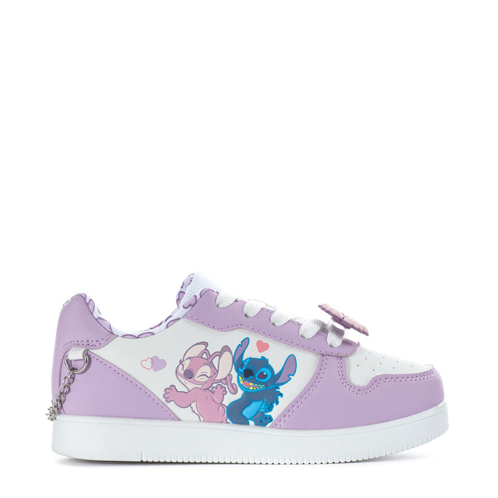 Kids purple and white court sneaker with cartoon character graphic, lace-up
