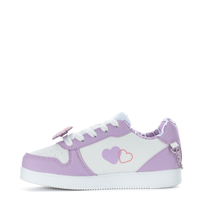 Kids lilac and white lace-up court sneaker with heart accent and side character art