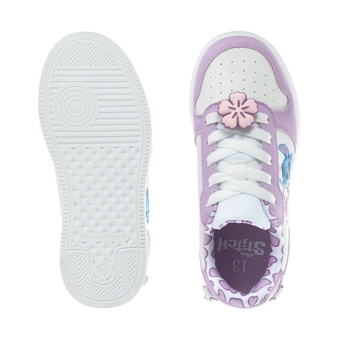 Kids sneaker soles: white tread outsole and purple upper with lace area