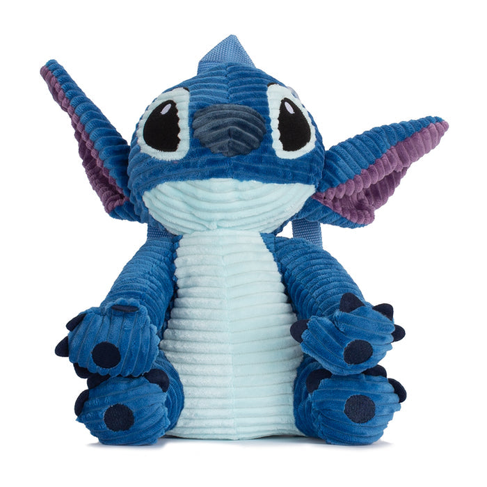 Blue plush backpack shaped like Stitch character, front view with big ears and hands