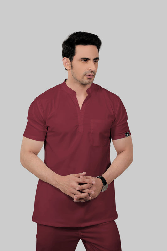 Stretchable (2way) Men Maroon Mandarin Neck Scrub Top