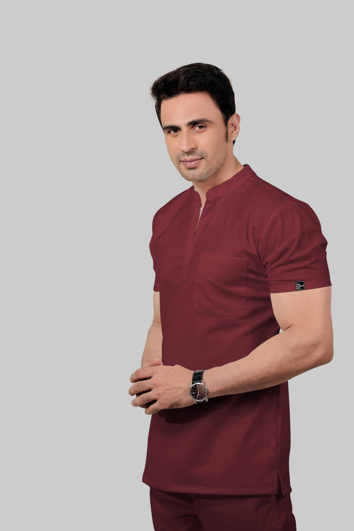 Stretchable (2way) Men Maroon Mandarin Neck Scrub Top