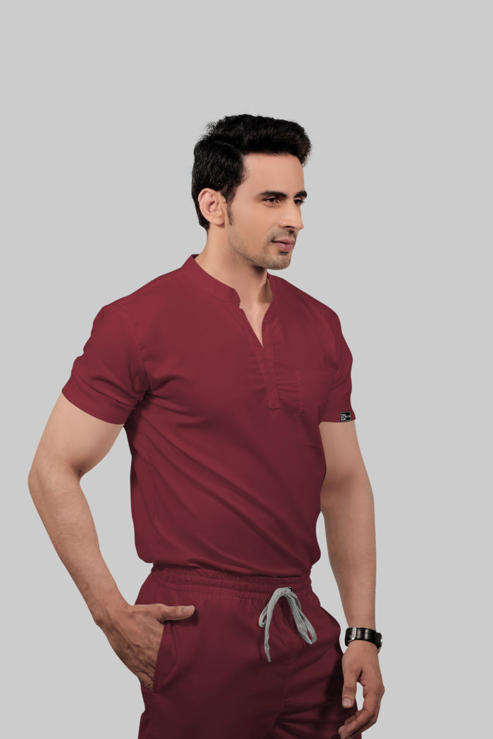 Stretchable (2way) Men Maroon Mandarin Neck Scrub Top