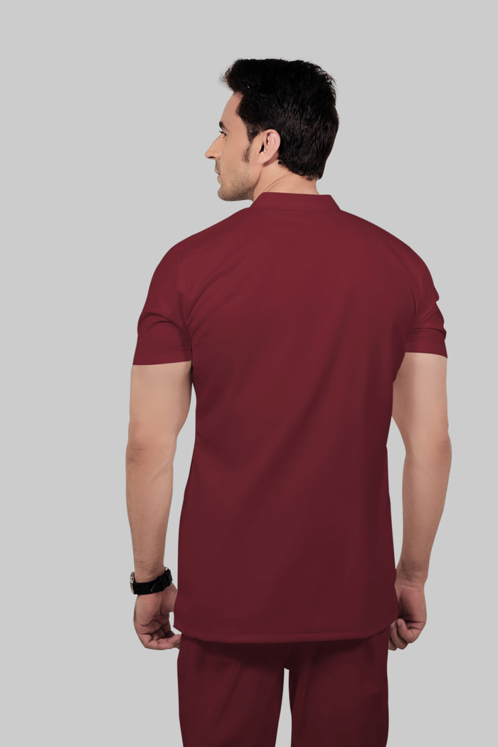 Stretchable (2way) Men Maroon Mandarin Neck Scrub Top