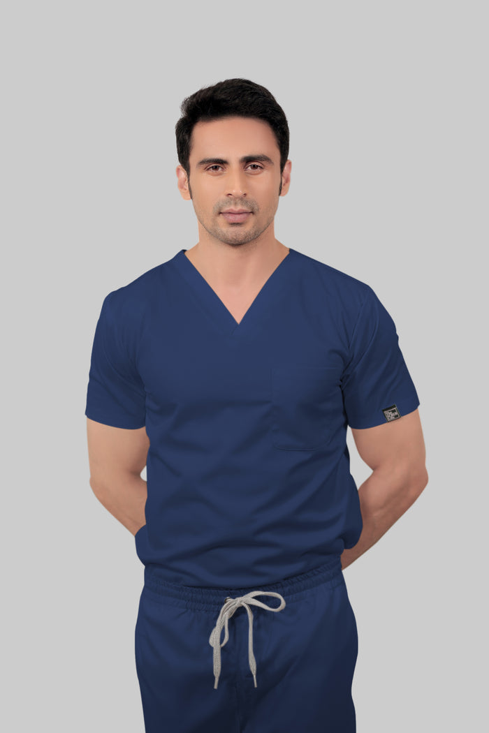 Stretchable (2way) Men  Navy Blue V-Neck Scrub Top
