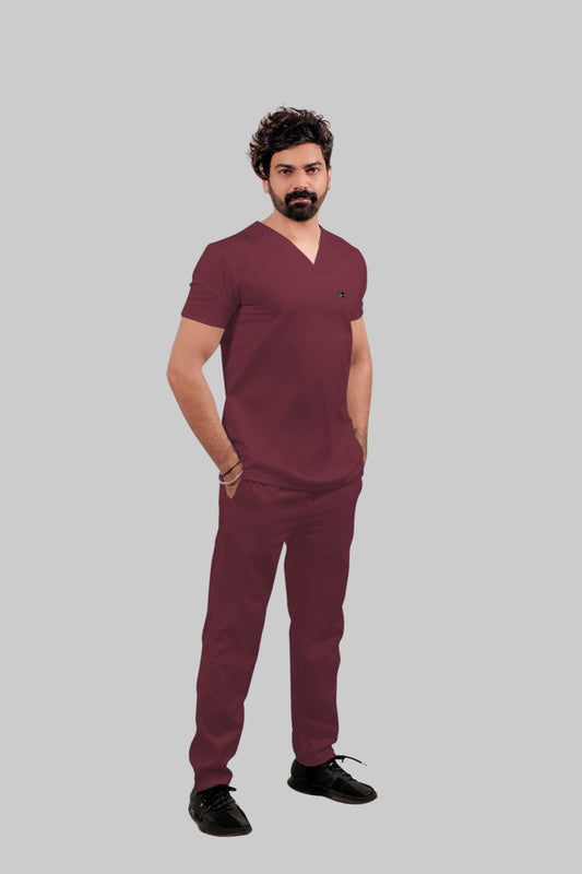Stretchable (4Way) Men Burgundy V-Neck With Straight Pant Scrub Set