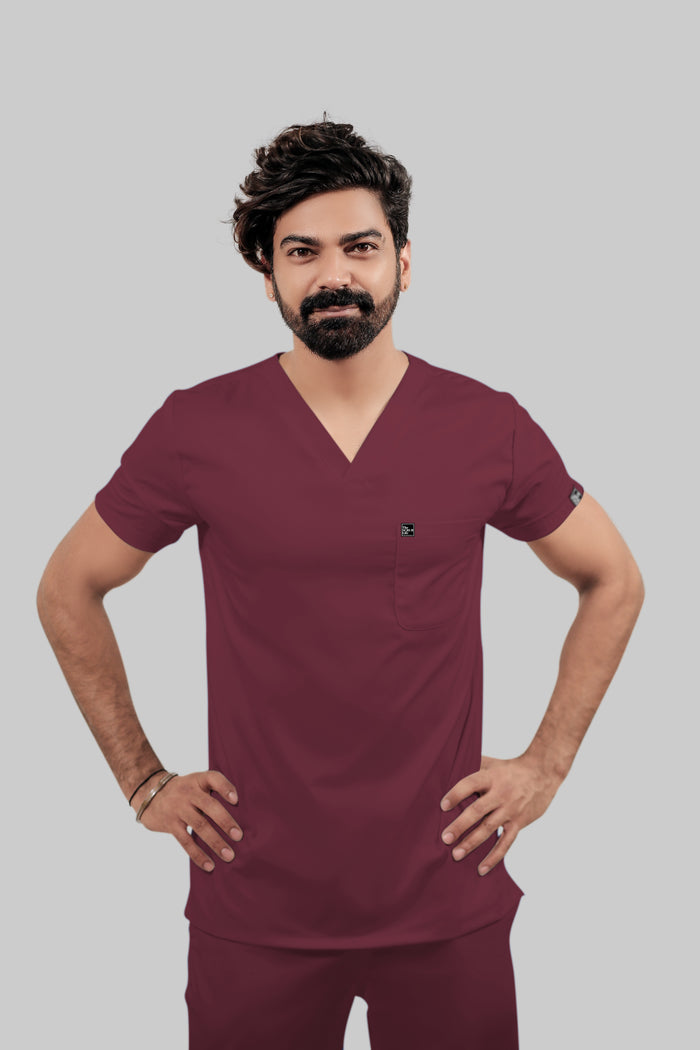 Stretchable (4Way) Men Burgundy V-Neck With Straight Pant Scrub Set