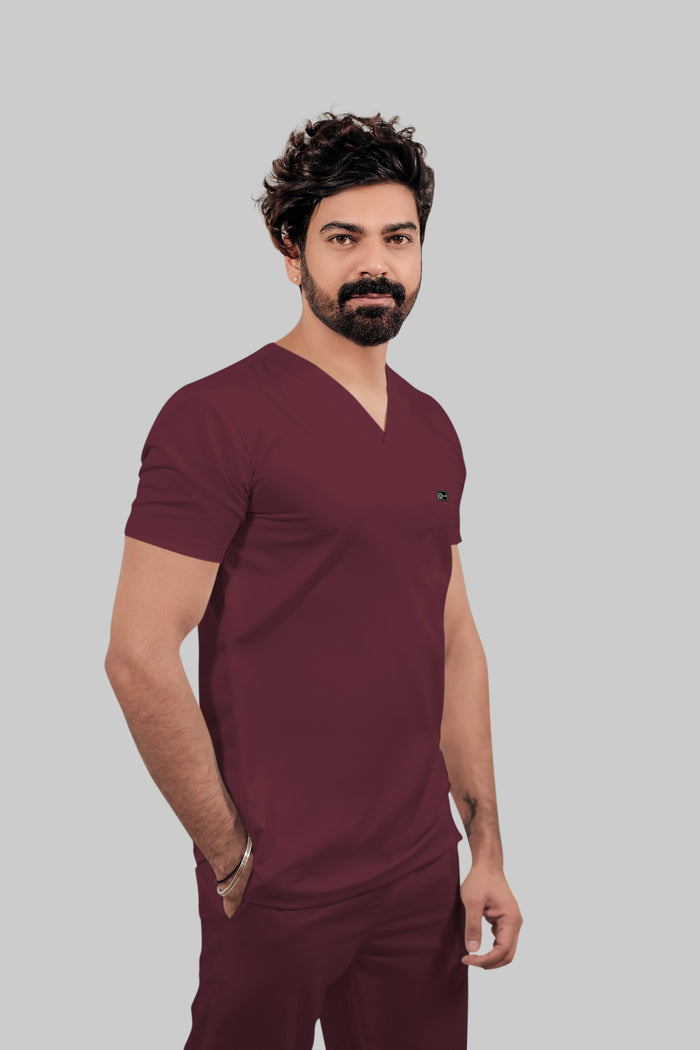 Stretchable (4Way) Men Burgundy V-Neck With Straight Pant Scrub Set
