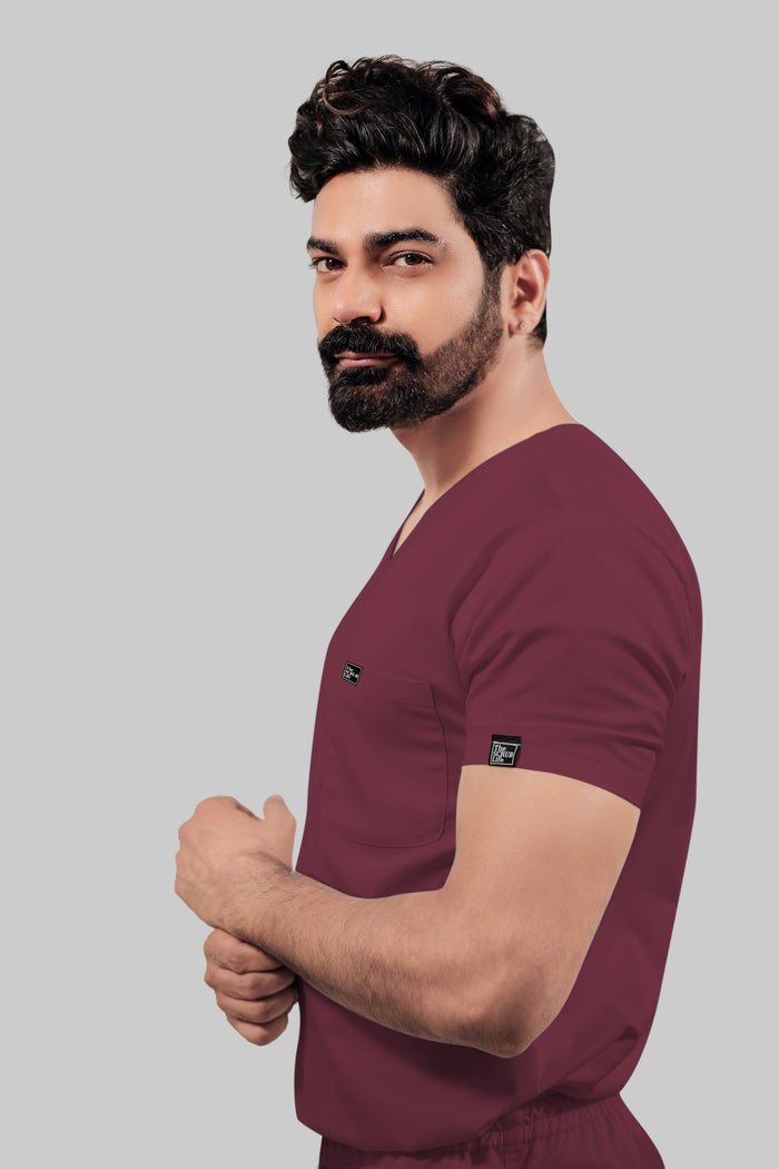Stretchable (4Way) Men Burgundy V-Neck With Straight Pant Scrub Set