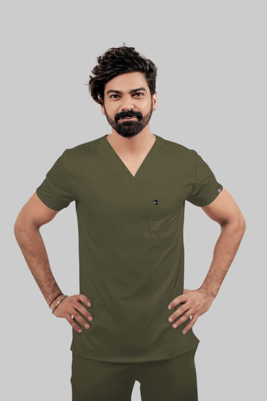 Stretchable (4Way) Men V-Neck Olive Green Scrub Top