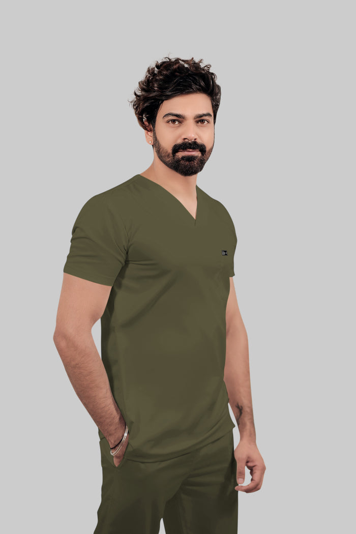 Stretchable (4Way) Men V-Neck Olive Green Scrub Top