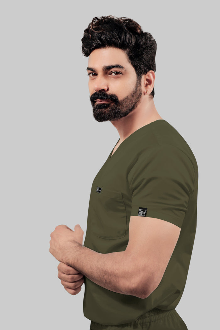 Stretchable (4Way) Men V-Neck Olive Green Scrub Top