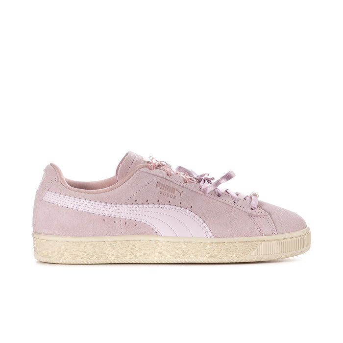 Women’s pink suede lace-up sneakers with white Puma-style side logo and cream sole