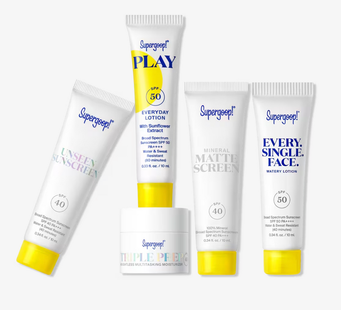 SUPERGOOP 5 Pieces Sunscreen Yellow Bag مجموعة واقي الشمس بالاحجام الصغيرة