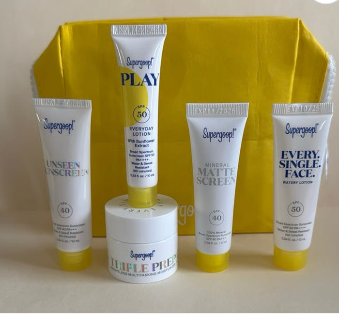 SUPERGOOP 5 Pieces Sunscreen Yellow Bag مجموعة واقي الشمس بالاحجام الصغيرة