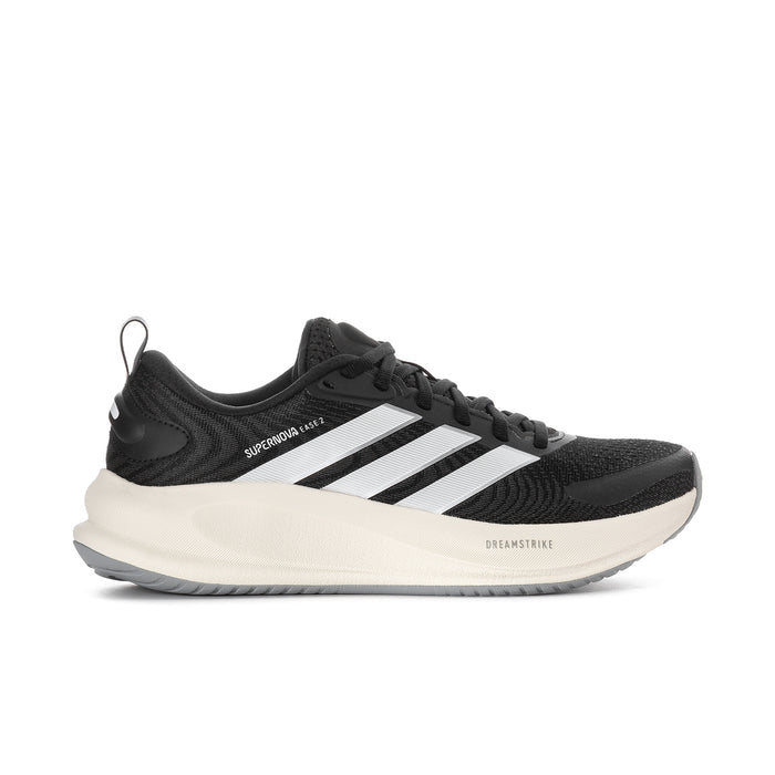Women's black knit running shoe with white three-stripe design and cushioned sole