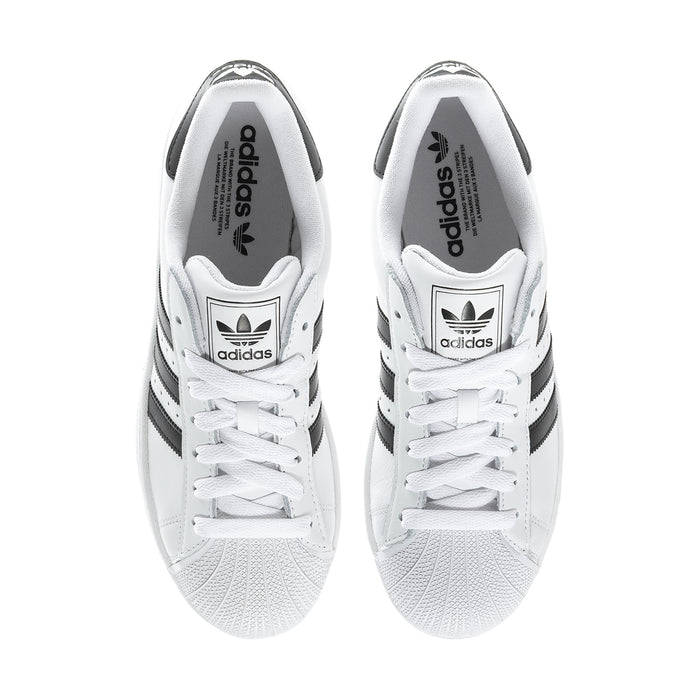 Men's adidas Superstar II sneakers viewed from heel, white leather with black detailing