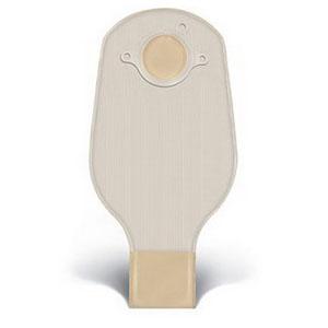 A beige ostomy bag is positioned upright against a plain white background. The bag has a circular opening at the top and a rectangular section at the bottom.
