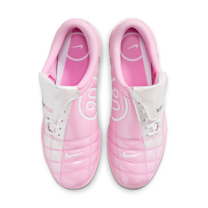 Pink and white women's sneakers with lace-up front and side swoosh