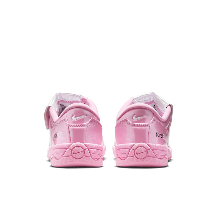 Pink and white women's sneakers, rear view with heel tab detail