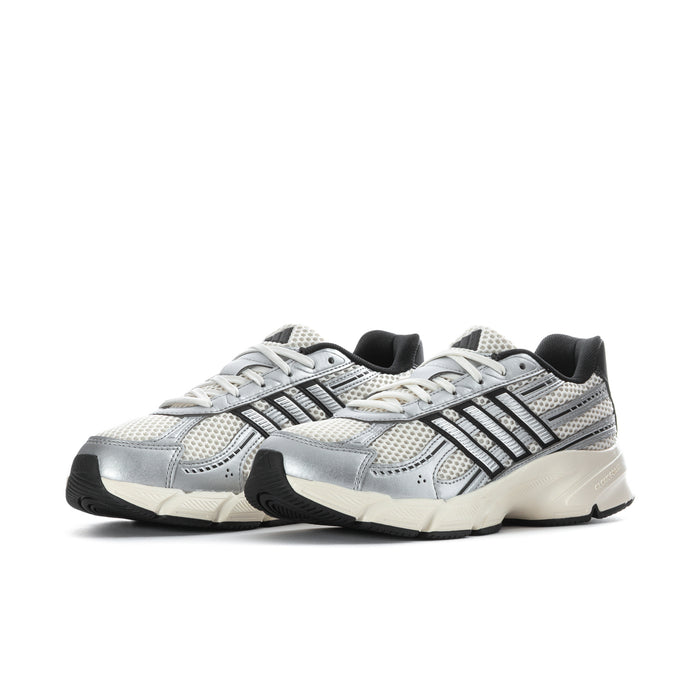 Women’s lace-up running shoes, metallic silver mesh with black stripes and sole