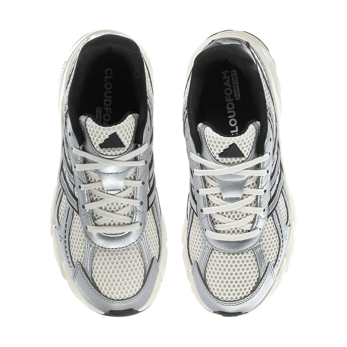 Women’s lace-up sneakers front view with silver mesh upper and black interior