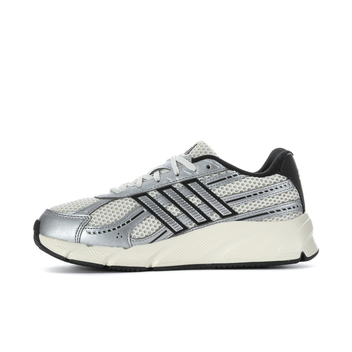 Women’s lace-up sneakers side profile in silver mesh with black three-stripe detail